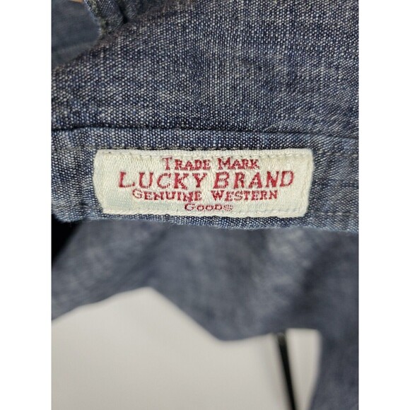 Lucky Brand Denim Shirt Men's L Pearl Snaps Chest Pockets Short Sleeve Dark Blue - Picture 5 of 7
